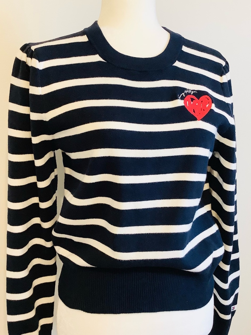 Tommy Hilfiger Navy & White Striped Sweater with Red Heart Chest Logo NWT